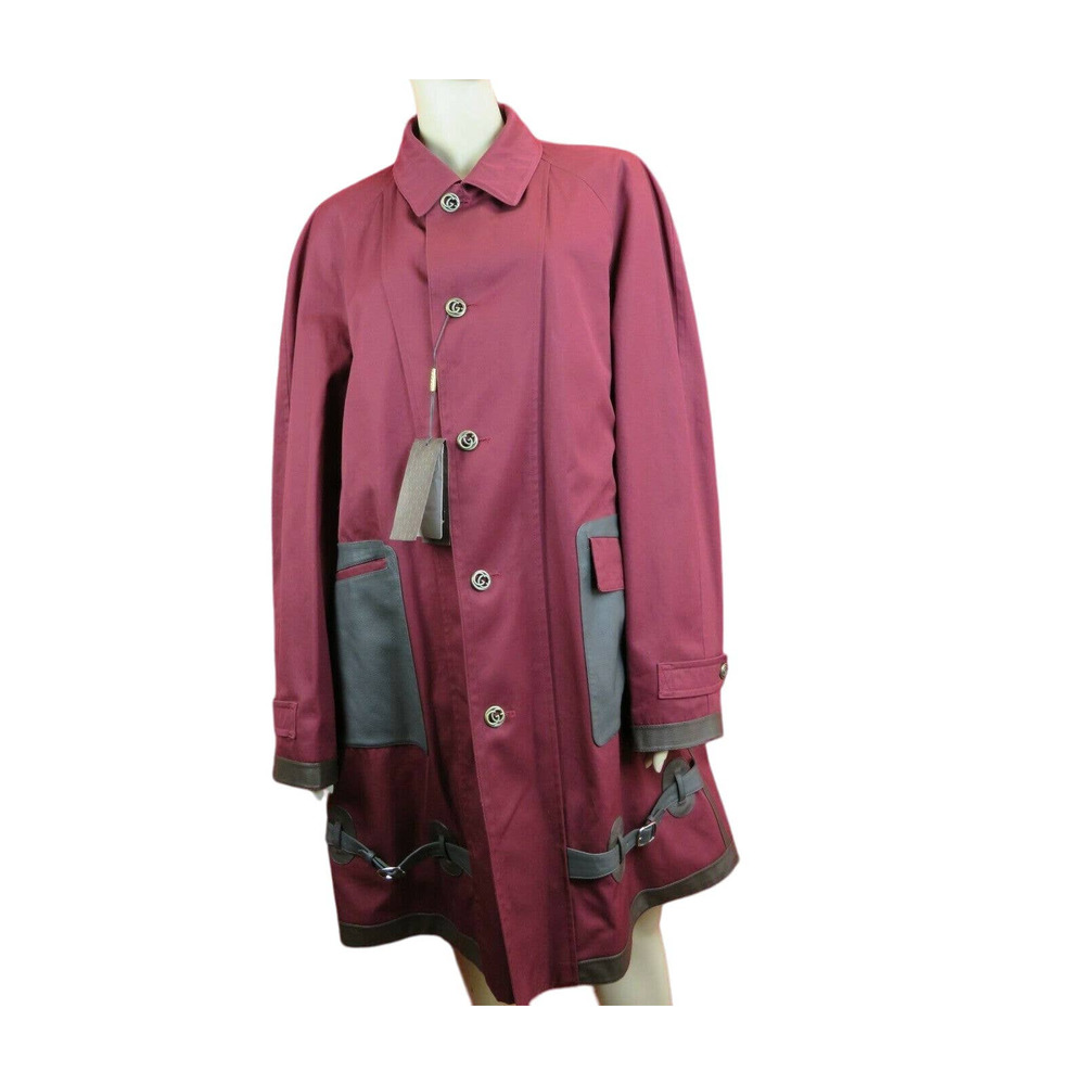 GUCCI 282128 BURGUNDY COTTON BROWN LEATHER REVERSIBLE LOGO COAT EUR 52 US 42 $4K